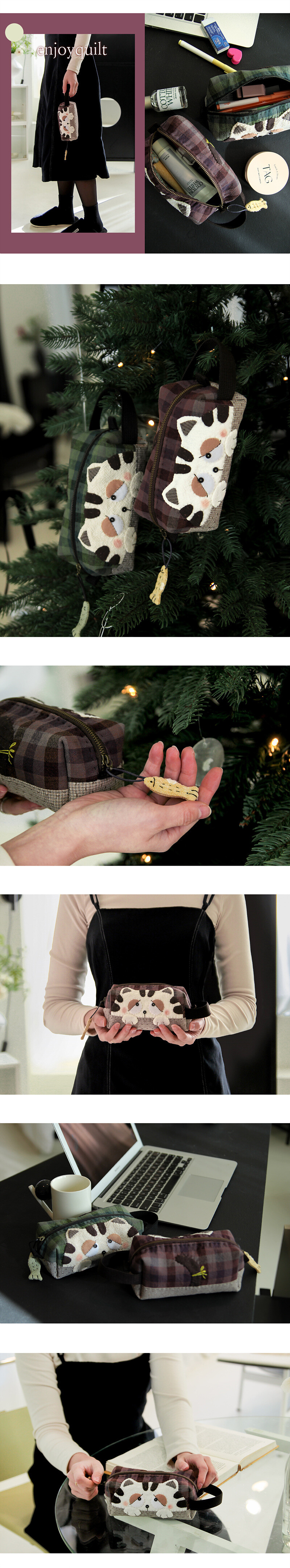 바이핸즈 졸립다옹 파우치 와인 완성 예시 고양이 아플리케 디테일