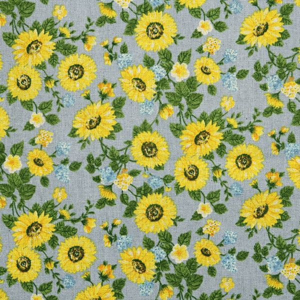 [국산린넨] 대폭 미니 해바라기 린넨 프린트원단 - 블루옐로우