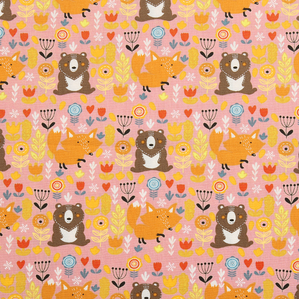 [코튼프린트] 베어 앤 폭스 프린트원단 - 핑크