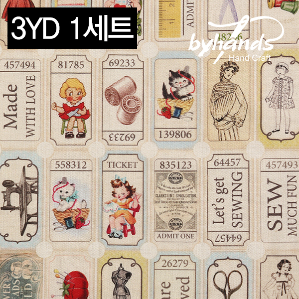 퀼트의시작은? 엔조이퀼트와 함께,[바이핸즈] 대폭 DTP 빈티지 라벨 하프 린넨 프린트원단 3YD 1SET - 내츄럴 (EYCD-03)
